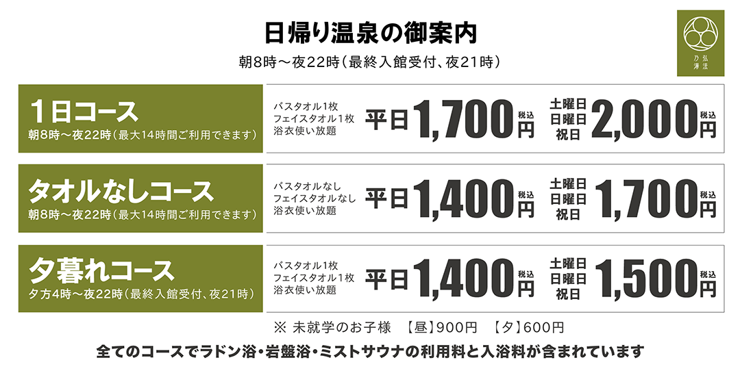日帰りプランの料金表